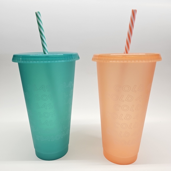 Starbucks 2019 Fall Holiday Christmas REUSABLE COLD CUPS 2 Green Orange New/Used - Picture 1 of 7